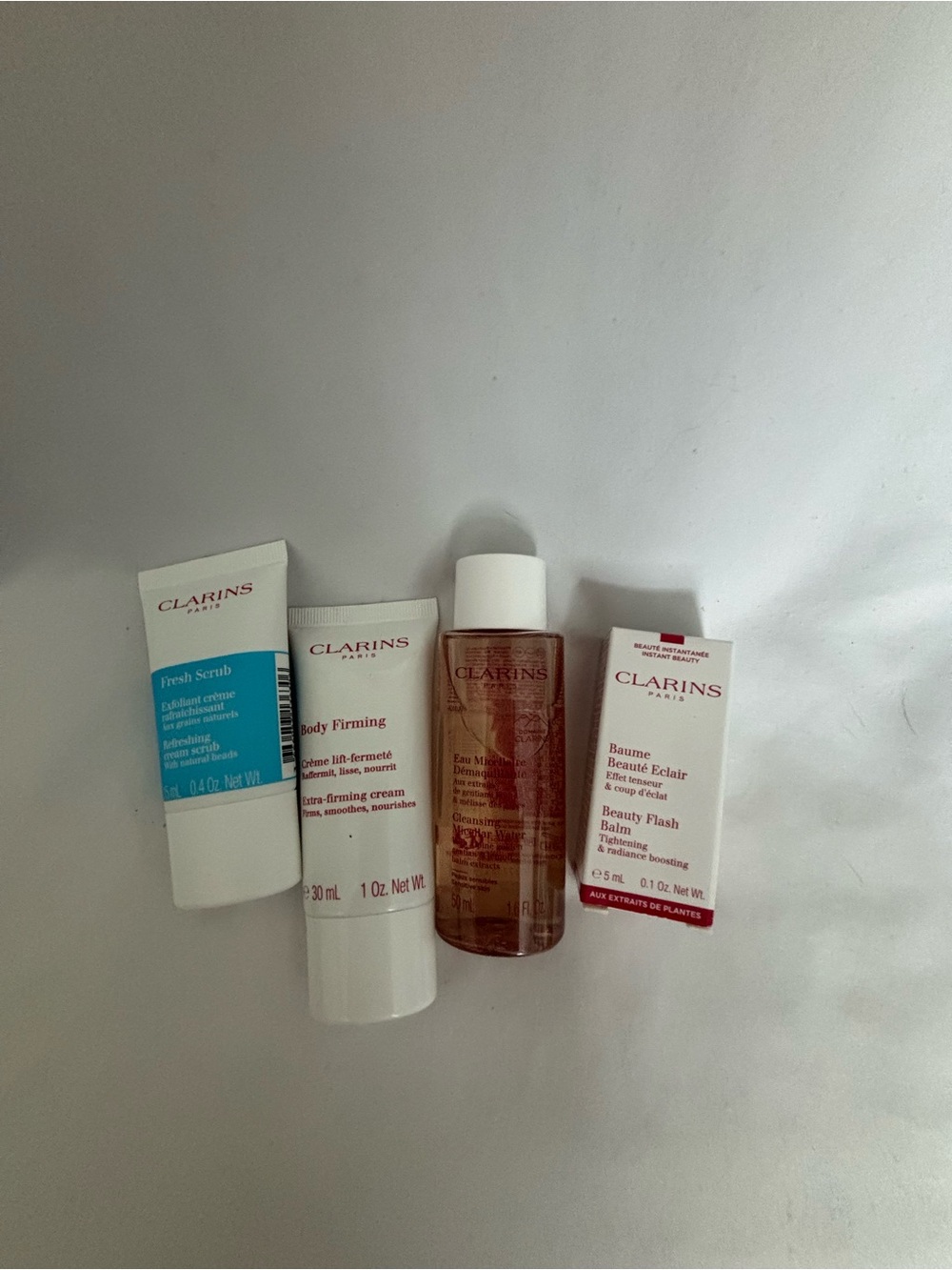 Clarins skincare set — White and Blue accents